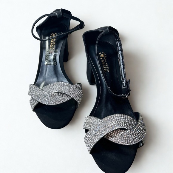Planeta Brasil Shoes - Planeta Brasil Women Black Rhinestone Block Heel Ankle Strap Sandals Size 37 6.5